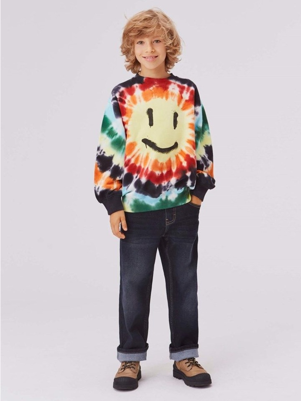 Molo Tie-Dye Smiley Sweatshirt in Yellow, Red, Green, Blue, Black